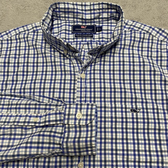 Vineyard Vines Slim Fit Tucker Shirt Mens Large Blue Plaid Check Stretch Preppy - Picture 1 of 8